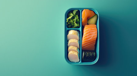 Close-up of a vibrant sushi bento box featuring salmon, vegetables, and rice beautifully arranged. A perfect meal for health-conscious individuals.の素材