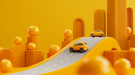 A road where balls and cars appear to roll uphill instead of down, with copy space.の素材