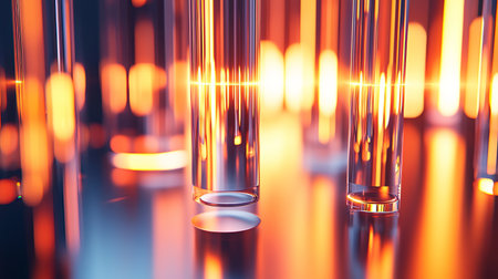 A sleek futuristic city skyline featuring levitating glass towers reflecting a radiant sunset, with copy space.の素材