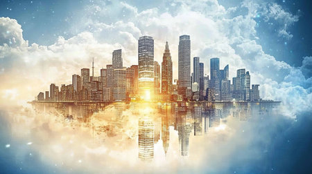 A sci-fi-inspired city where gravity-defying buildings hover above a luminous cityscape, with copy space.の素材