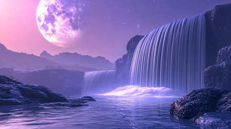 A magical waterfall gently cascading over glowing rocks under a pastel-colored moon, with copy space.の素材