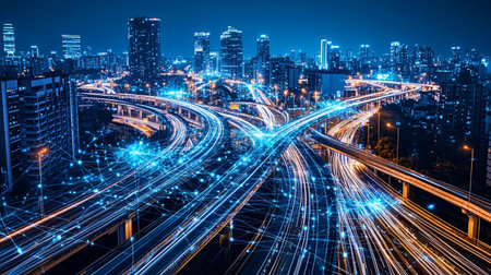 A utopian city of floating structures above an illuminated futuristic highway, with copy space.の素材