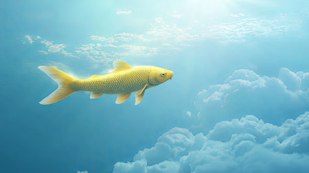 A surreal scene where a golden fish swims through the sky, leaving a shimmering trail, with space for branding.の素材