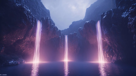 A peaceful fantasy night where glowing waterfalls fall from floating cliffs into a serene mist, with copy space.の素材