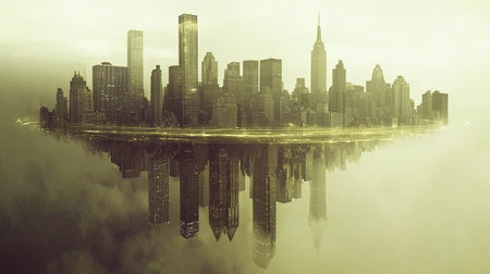 A sci-fi-inspired city where entire districts float in the air above a glowing metropolis, with copy space.の素材