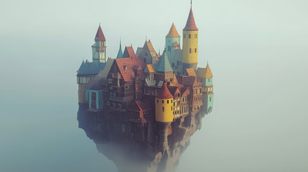A stunning floating castle surrounded by mist, featuring colorful rooftops and whimsical towers. This enchanting scene evokes a sense of wonder and imagination.の素材