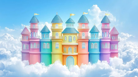 This vibrant and whimsical fantasy castle floats in a serene sky. Soft clouds surround colorful towers, inviting imagination and creativity. Perfect for various themes.の素材