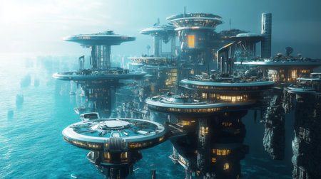 A futuristic city divided into sky, land, and underwater districts.の素材