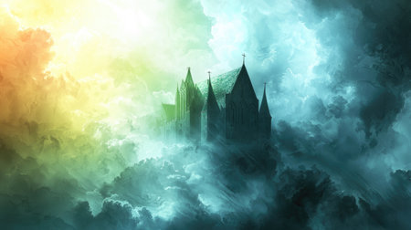 A mystical castle emerges from vibrant clouds, creating an enchanting view. Its ancient architecture is surrounded by dramatic lighting and ethereal fog.の素材