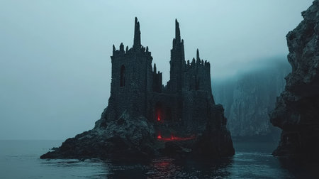 An enigmatic gothic castle emerges from the fog, standing on a rocky island by a serene sea, surrounded by haunting beauty and ancient mystery.の素材
