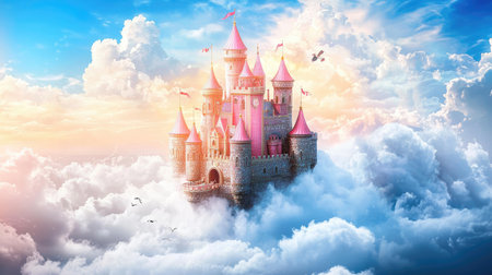 A captivating fairy tale castle nestled among soft clouds, radiating charm and magic. This enchanting scene inspires dreams of adventure and wonder.の素材