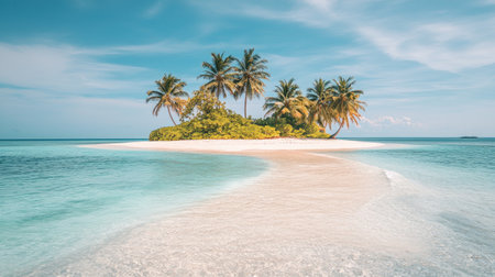 Discover a tranquil tropical island boasting palm trees and pristine sandy beaches, surrounded by clear blue waters. Perfect for relaxation and adventure.の素材