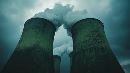 A dramatic view of industrial cooling towers releasing steam into a dark and cloudy sky, highlighting the intersection of energy production and environmental concerns.の素材
