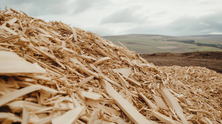 A detailed close-up view of wood chips on a gentle hillside. The image captures the texture and natural color of the material against an expansive rural backdrop.の素材