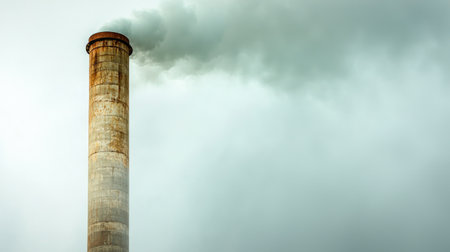 An industrial chimney stands tall as smoke billows into the cloudy sky, illustrating environmental challenges and the impact of emissions on air quality.の素材