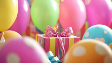 Vibrant scene featuring a beautifully wrapped gift surrounded by colorful balloons. Perfect for celebrating special occasions and joyful gatherings.の素材
