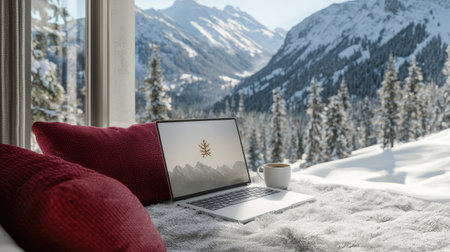 A cozy indoor workspace featuring a laptop, coffee, and soft cushions, set against a breathtaking winter mountain backdrop. Perfect for remote work inspiration.の素材