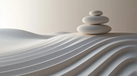 A serene minimalist composition featuring stacked stones atop smooth sand patterns, evoking a sense of tranquility and balance in a soothing environment.の素材