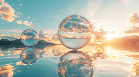 Ethereal floating spheres reflect a stunning sunset over tranquil water, creating a surreal and peaceful atmosphere perfect for calming imagery.の素材