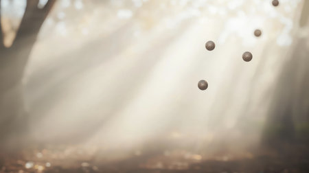This captivating image features ethereal orbs floating gently in a serene forest, illuminated by soft rays of sunlight that create a magical atmosphere.の素材