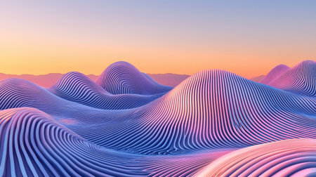 An abstract landscape featuring flowing wave patterns in vibrant colors against a sunset sky. This serene and imaginative scene evokes tranquility.の素材