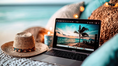 A cozy beach setup featuring a laptop and straw hat resting on a textured blanket with the ocean and sunset in the background, creating a serene atmosphere.の素材
