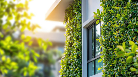 A modern building adorned with lush green leaves captures sunlight, showcasing a harmonious blend of nature and architecture. Perfect for themes of sustainability and serenity.の素材
