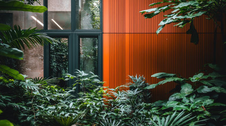 A captivating scene showcasing a vibrant orange wall juxtaposed with lush greenery, highlighting the harmony between nature and modern architecture in an urban setting.の素材