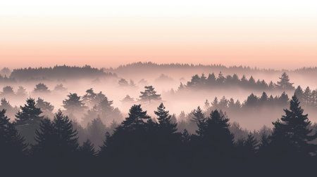 A serene misty forest landscape captured at dawn, showcasing silhouetted trees emerging from fog, creating a tranquil and atmospheric nature scene.の素材