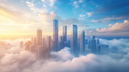 A breathtaking view of a modern city skyline emerging from soft clouds at sunrise, capturing the beauty of architecture amidst a tranquil sky.の素材