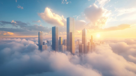 Majestic skyscrapers rise above the clouds during a breathtaking sunset, creating a serene urban landscape filled with vibrant colors and stunning reflections.の素材