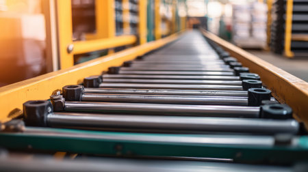 A close-up view of an industrial conveyor system designed for efficient material handling in a factory setting, showcasing unique engineering and streamlined processes.の素材