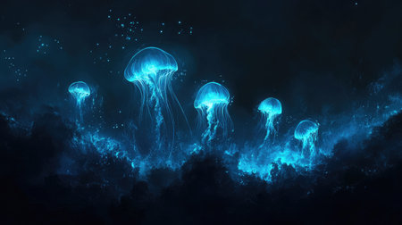 A captivating scene of glowing blue jellyfish drifting gracefully in dark ocean depths. The ethereal beauty of bioluminescent creatures creates a serene and mystical atmosphere perfect for ocean-themed projects.の素材