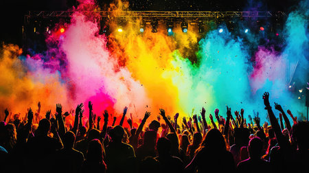 A vibrant crowd enjoys a lively celebration, hands raised in joy as colorful smoke fills the air, creating a dynamic atmosphere full of energy.の素材
