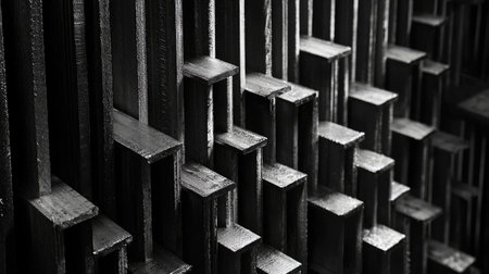 This image features an abstract arrangement of metal shapes, showcasing geometric patterns in black and white. The interplay of light and shadow creates a striking visual effect.の素材