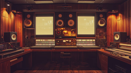 A sleek and inviting sound studio boasting professional audio equipment, warm lighting, and wooden accents, ideal for music production and creativity.の素材