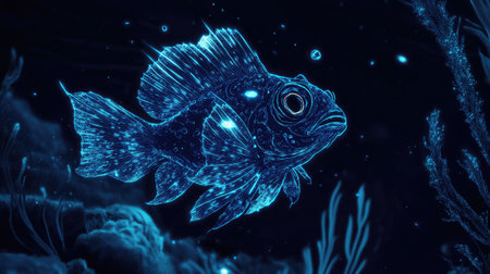 This captivating digital illustration showcases a glowing fish in dark ocean water. The vibrant blue bioluminescent effects create an enchanting underwater scene.の素材