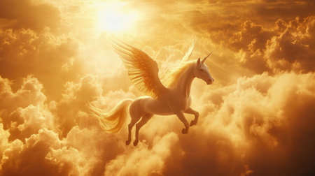 A stunning scene featuring a majestic unicorn with wings soaring through golden clouds during a beautiful sunset, evoking a sense of wonder and magic.の素材