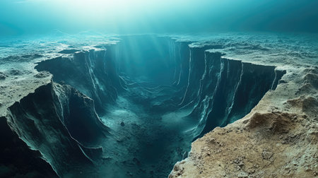 Explore the deep underwater abyss showcasing dramatic light filtering through the surface, illuminating the textured seabed with a serene and tranquil atmosphere.の素材