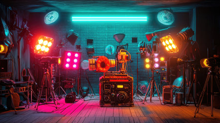 A vibrant setup showcasing vintage music equipment surrounded by colorful stage lights and cameras, perfect for artistic endeavors and creative projects.の素材