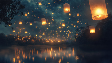 A tranquil night scene featuring floating lanterns illuminating a calm lake, surrounded by lush trees and a starry sky, creating a magical and serene atmosphere.の素材
