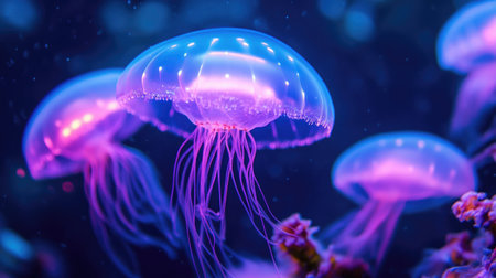Discover a mesmerizing scene of glowing jellyfish gracefully floating in the ocean, showcasing vibrant colors and a surreal underwater ambiance.の素材