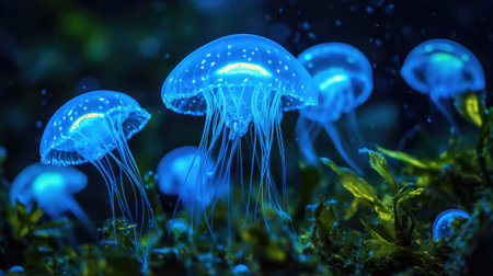 Ethereal blue jellyfish gracefully float in a dark ocean scene, showcasing their delicate tentacles and luminescent glow. A captivating underwater visual.の素材