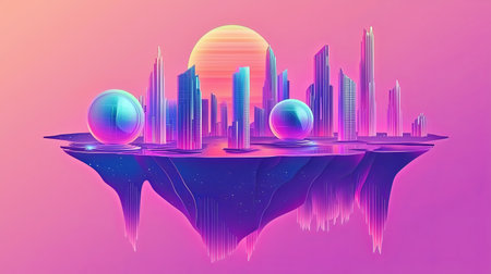 A neon-colored futuristic city where buildings hover like islands in the sky, with copy space.の素材