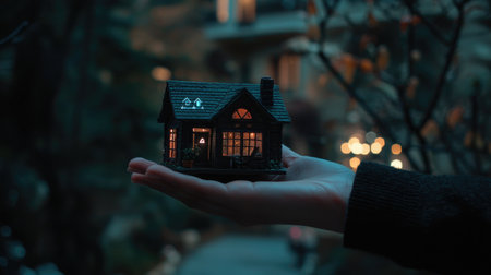 A person holds a miniature house model with glowing windows against a softly lit background, capturing a sense of warmth, creativity, and charm in a tranquil setting.の素材