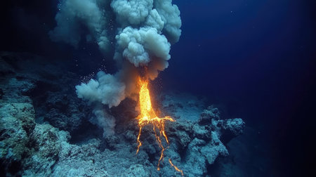 A stunning view of an underwater volcanic eruption, showcasing molten lava spewing from the ocean floor, surrounded by ash clouds and steam plumes.の素材