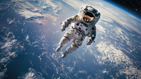 An astronaut gracefully floats in the vastness of space, showcasing the stunning view of Earth below. This image captures the awe of cosmic exploration and adventure.の素材
