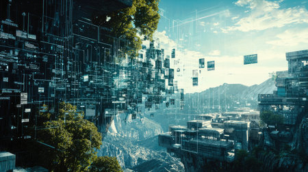 A captivating futuristic cityscape blends digital elements with lush greenery, showcasing innovative architecture against a stunning landscape and blue skies.の素材