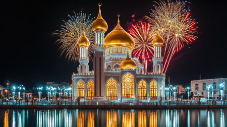 A breathtaking view of a majestic mosque with golden domes illuminated by vibrant fireworks at night, reflecting in the calm waters, showcasing cultural beauty.の素材