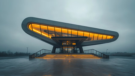 A stunning view of a futuristic transport station showcasing modern architecture. The design features sleek lines, warm lighting, and a unique structure under a cloudy sky.の素材